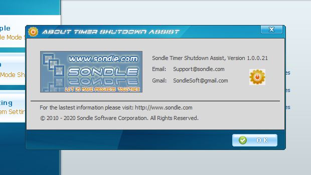 About Window of Sondle Timer Shutdown Timer Assist Software