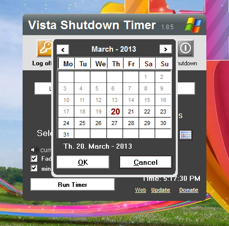 Calendar in Vista Shutdown Timer Software