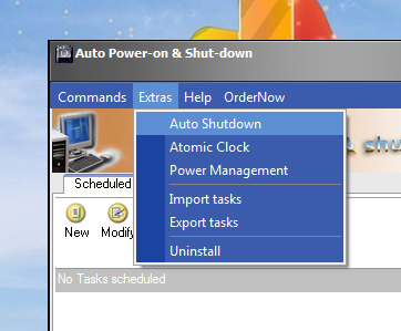 Extras menu of Auto Power-on and Shutdown