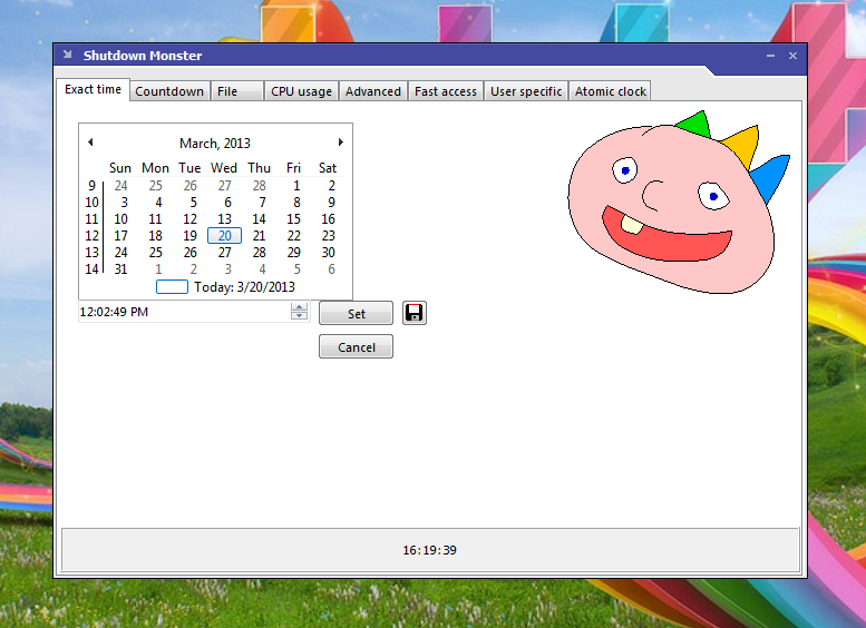 Main Window of Shutdown Monster showing the current Date and Time