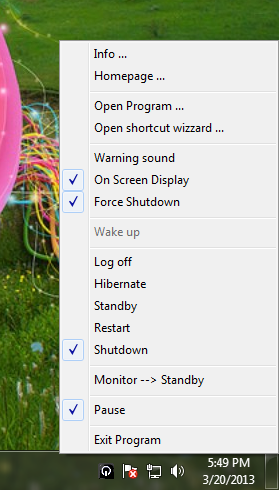 Menu of Vista Shutdown Timer in the System tray
