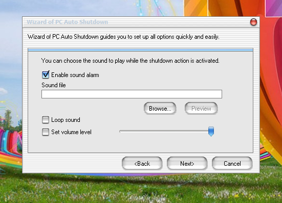 Sound Alarm screen of PC Auto Shutdown