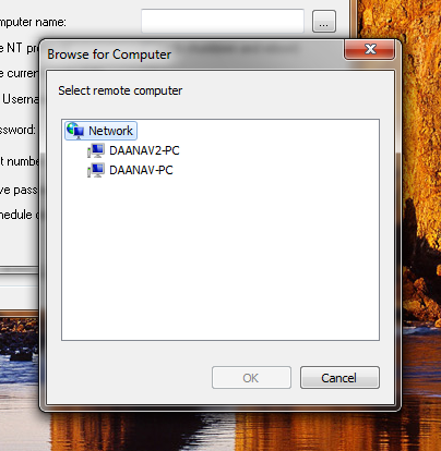 window to specify the Remote Computer from Network